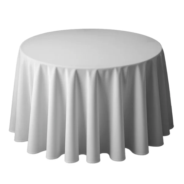 photographie d'une nappe ronde blanche en polyester de 290 cm posée sur une table ronde.