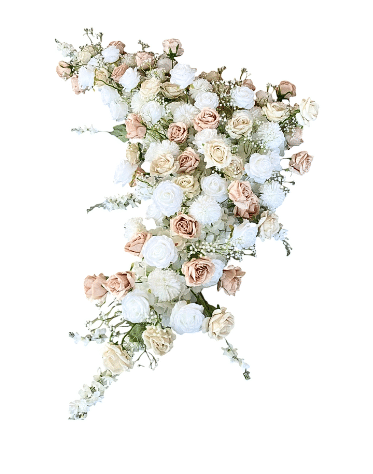 Composition florale d'angle Aurore rose et blanc vue de face